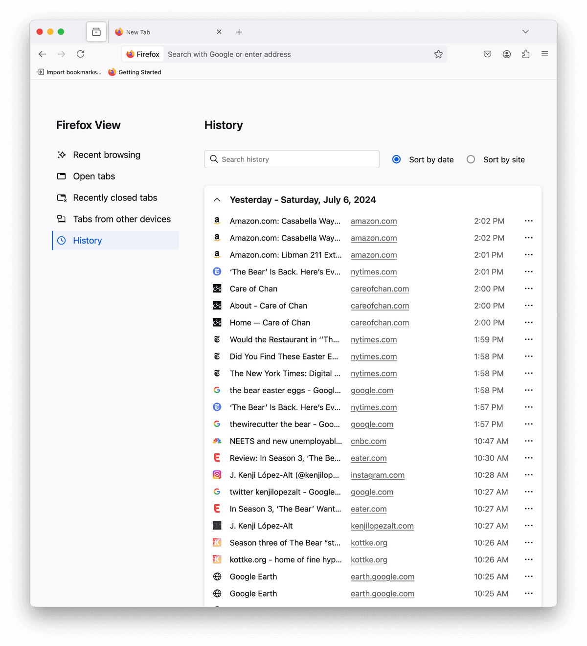 Firefox View history by date